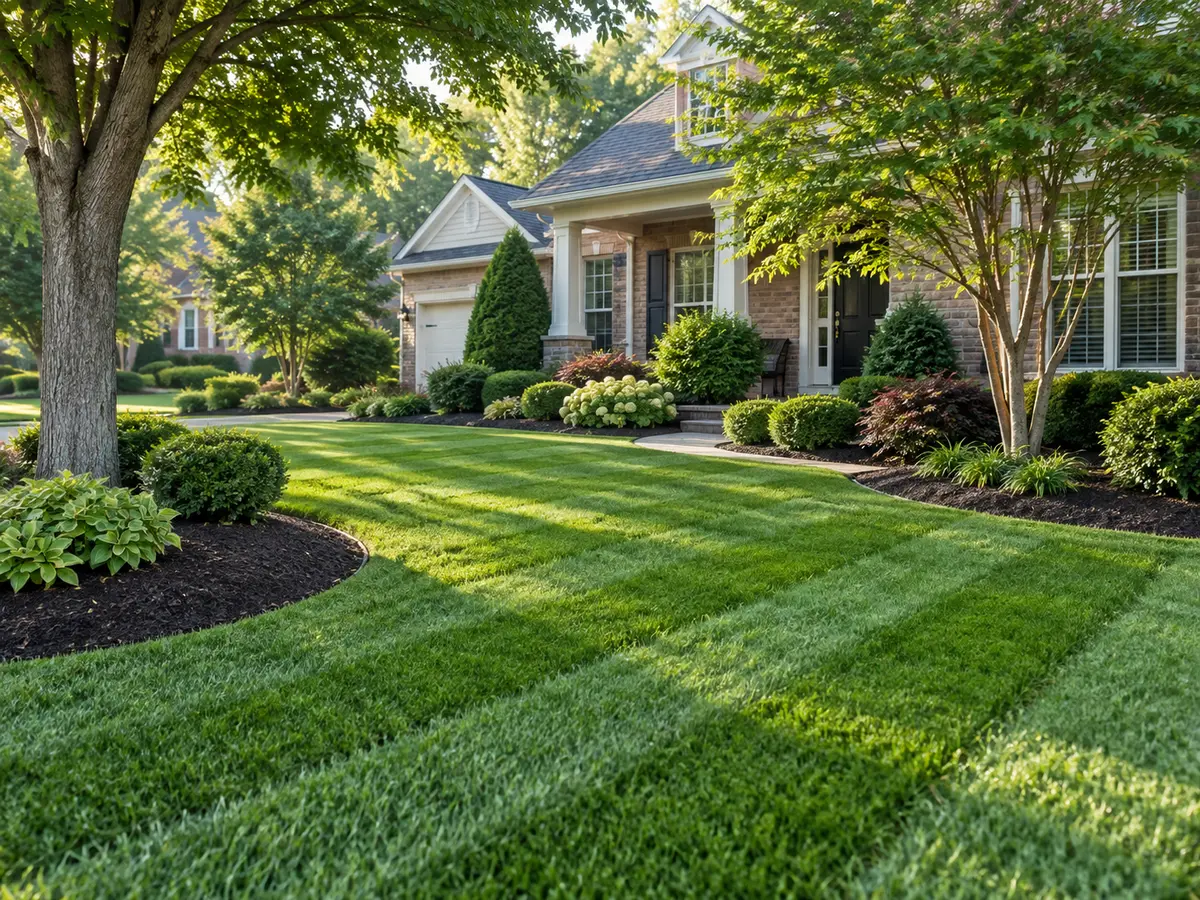 A healthy lawn with fresh mulch and neatly shaped shrubs